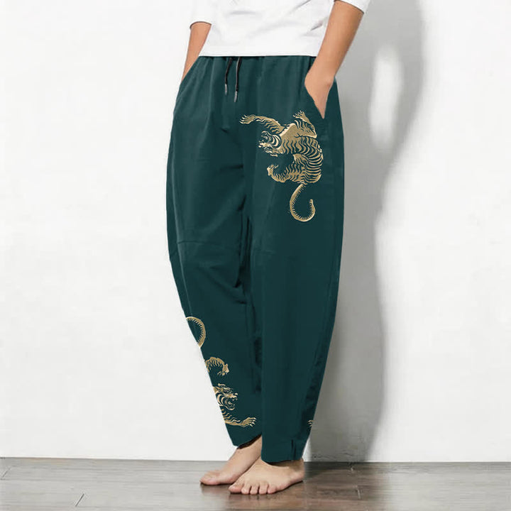 Buddha Stones Pantalones de hombre de algodón puro con estampado de tigre dorado, cordón ajustable y corte cónico, con bolsillos. - image 12