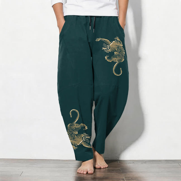 Buddha Stones Pantalones de hombre de algodón puro con estampado de tigre dorado, cordón ajustable y corte cónico, con bolsillos. - Gris pizarra oscuro - US/UK/AU50, EU60 (5XL) - image 11