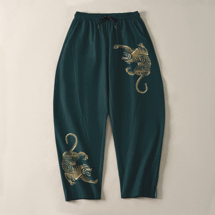 Buddha Stones Pantalones de hombre de algodón puro con estampado de tigre dorado, cordón ajustable y corte cónico, con bolsillos. - image 13