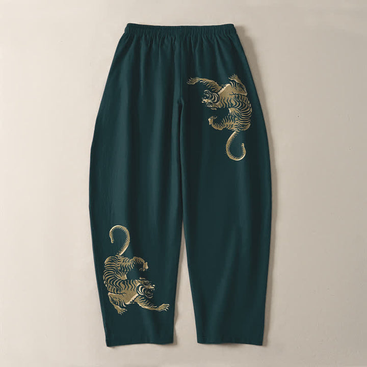 Buddha Stones Pantalones de hombre de algodón puro con estampado de tigre dorado, cordón ajustable y corte cónico, con bolsillos. - image 14