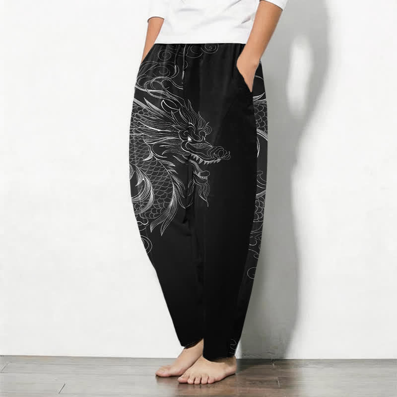 Buddha Stones Pantalones de hombre de algodón puro con estampado de dragones, cordón ajustable y corte cónico, con bolsillos. - image 1