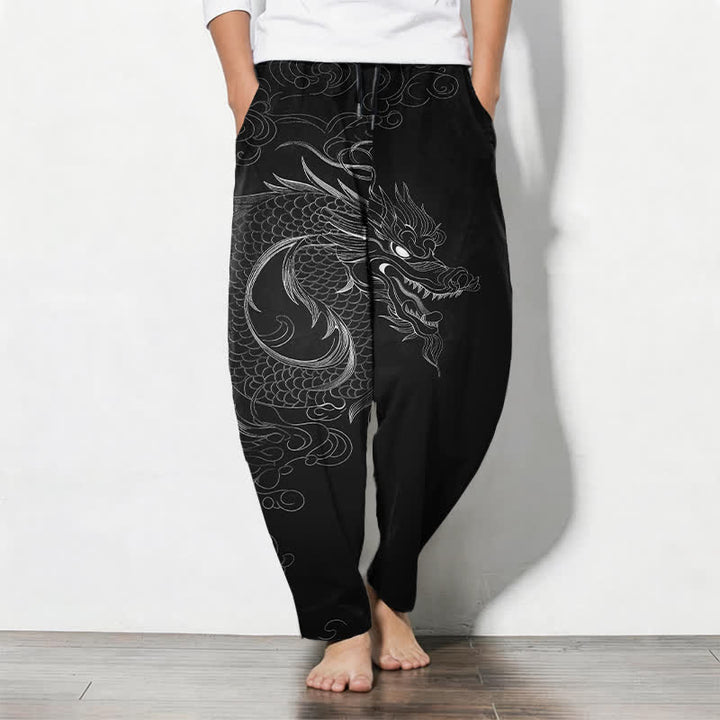 Buddha Stones Pantalones de hombre de algodón puro con estampado de dragones, cordón ajustable y corte cónico, con bolsillos. - Negro - US/UK/AU50, EU60 (5XL) - image 0