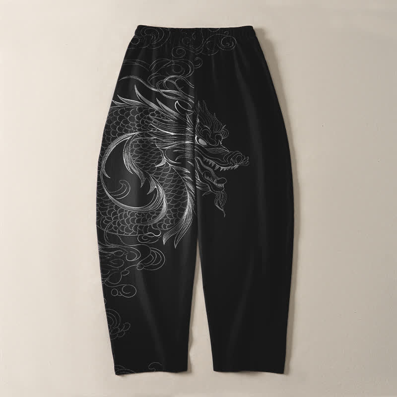 Buddha Stones Pantalones de hombre de algodón puro con estampado de dragones, cordón ajustable y corte cónico, con bolsillos. - image 3