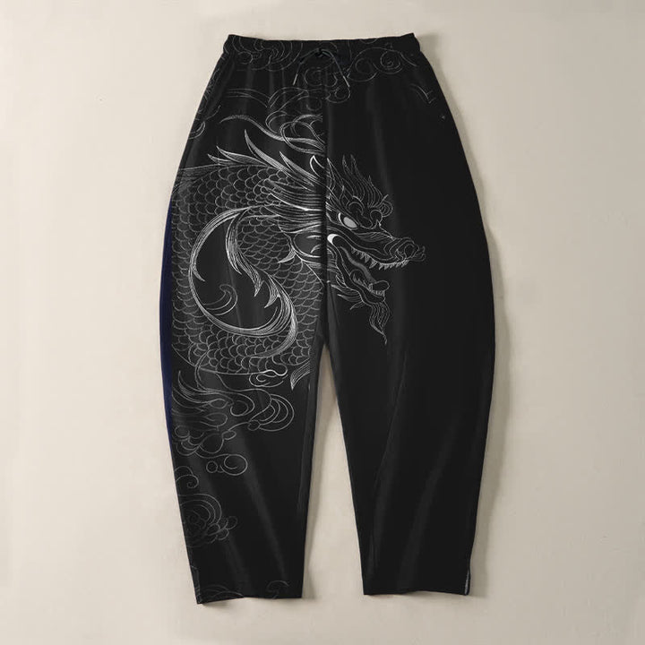 Buddha Stones Pantalones de hombre de algodón puro con estampado de dragones, cordón ajustable y corte cónico, con bolsillos. - image 2