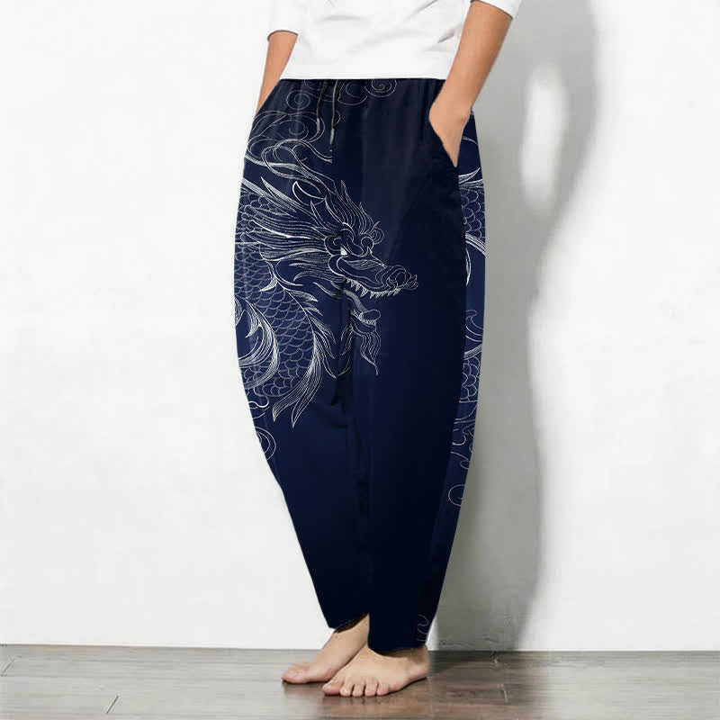 Buddha Stones Pantalones de hombre de algodón puro con estampado de dragones, cordón ajustable y corte cónico, con bolsillos. - image 8