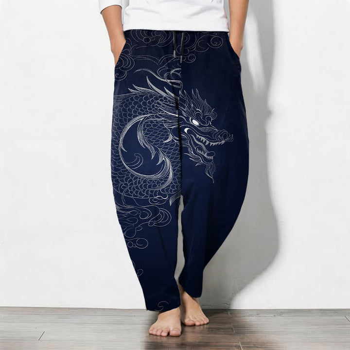 Buddha Stones Pantalones de hombre de algodón puro con estampado de dragones, cordón ajustable y corte cónico, con bolsillos. - Marina de guerra - US/UK/AU50, EU60 (5XL) - image 7