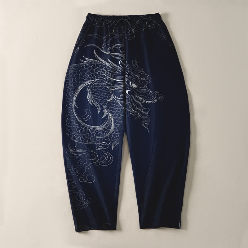 Buddha Stones Pantalones de hombre de algodón puro con estampado de dragones, cordón ajustable y corte cónico, con bolsillos. - image 9