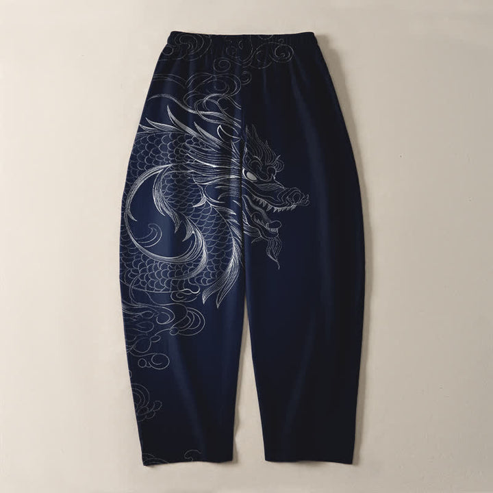 Buddha Stones Pantalones de hombre de algodón puro con estampado de dragones, cordón ajustable y corte cónico, con bolsillos. - image 10