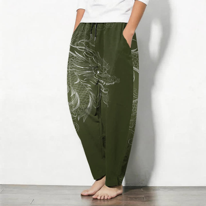 Buddha Stones Pantalones de hombre de algodón puro con estampado de dragones, cordón ajustable y corte cónico, con bolsillos. - image 12