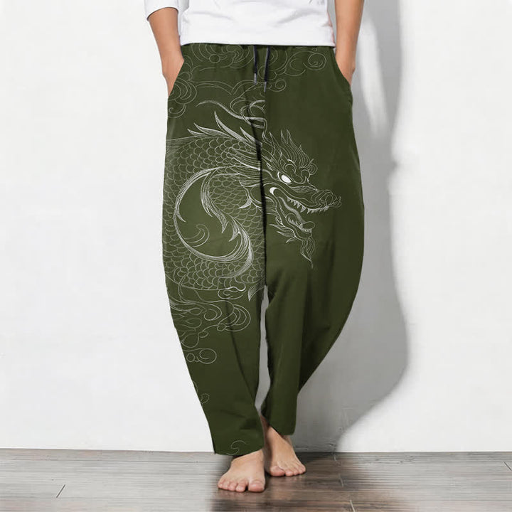 Buddha Stones Pantalones de hombre de algodón puro con estampado de dragones, cordón ajustable y corte cónico, con bolsillos. - Verde oliva oscuro - US/UK/AU50, EU60 (5XL) - image 11