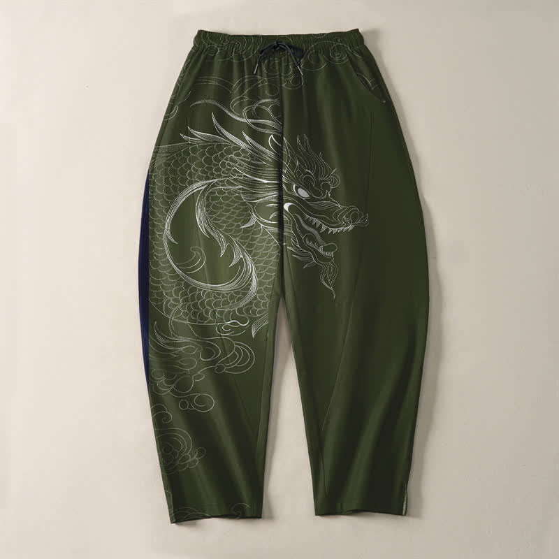 Buddha Stones Pantalones de hombre de algodón puro con estampado de dragones, cordón ajustable y corte cónico, con bolsillos. - image 13