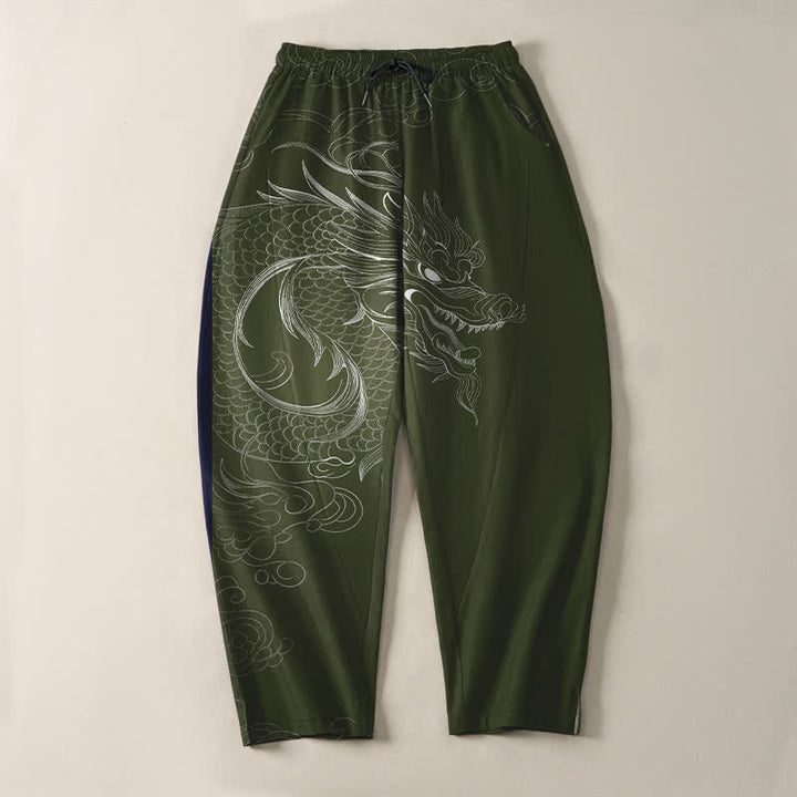 Buddha Stones Pantalones de hombre de algodón puro con estampado de dragones, cordón ajustable y corte cónico, con bolsillos. - image 13