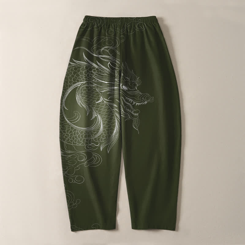 Buddha Stones Pantalones de hombre de algodón puro con estampado de dragones, cordón ajustable y corte cónico, con bolsillos. - image 14