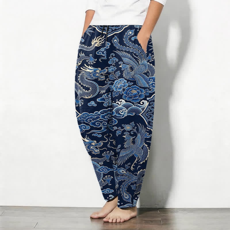 Buddha Stones Pantalones de hombre de algodón puro con estampado de nube y dragón azul, cordón ajustable y corte cónico, con bolsillos. - image 1