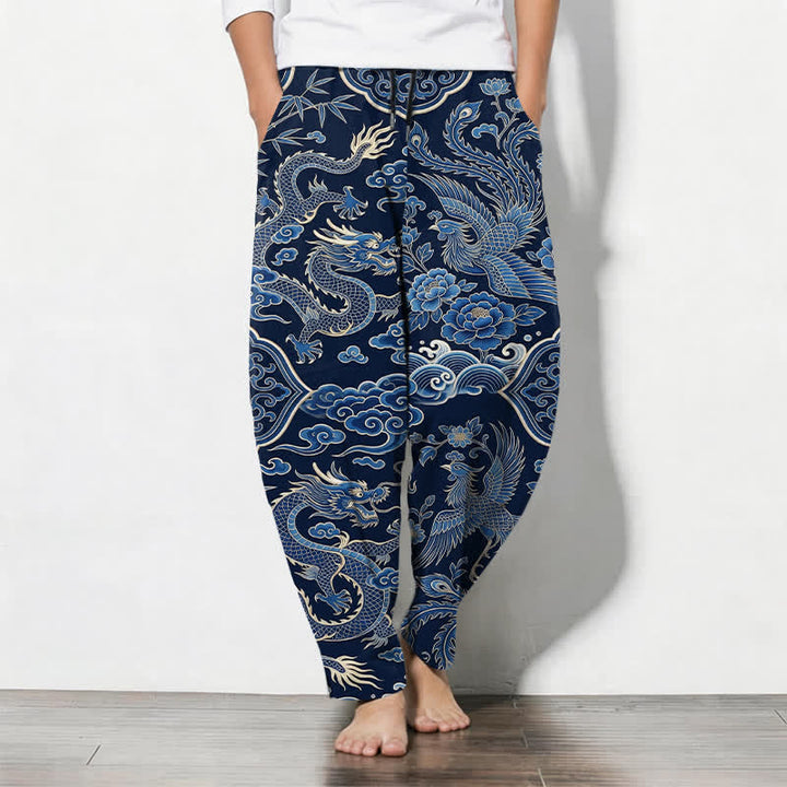 Buddha Stones Pantalones de hombre de algodón puro con estampado de nube y dragón azul, cordón ajustable y corte cónico, con bolsillos. - Marina de guerra - US/UK/AU50, EU60 (5XL) - image 0