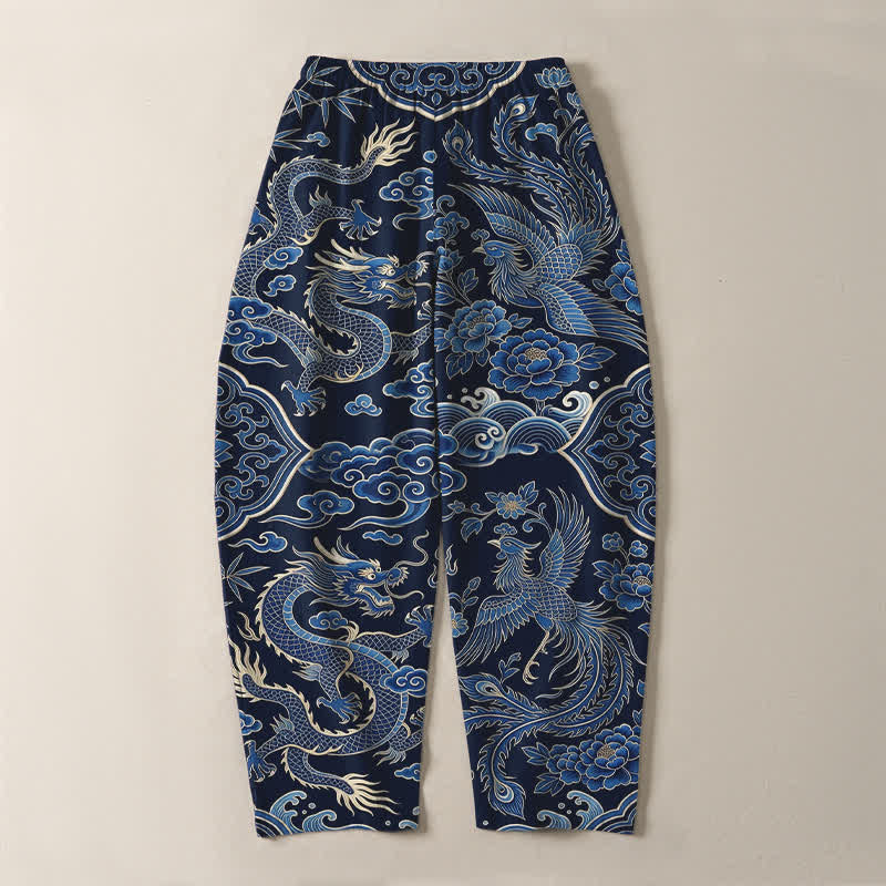 Buddha Stones Pantalones de hombre de algodón puro con estampado de nube y dragón azul, cordón ajustable y corte cónico, con bolsillos. - image 3