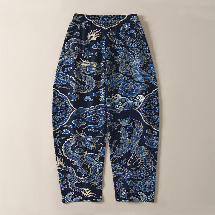 Buddha Stones Pantalones de hombre de algodón puro con estampado de nube y dragón azul, cordón ajustable y corte cónico, con bolsillos. - image 3