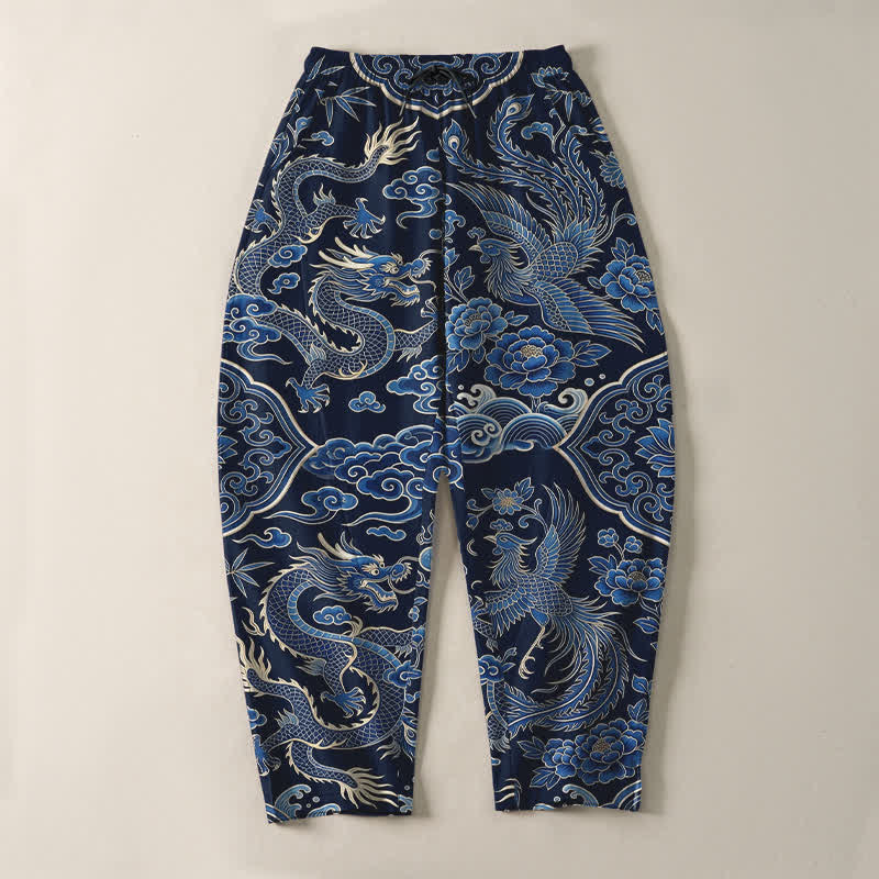 Buddha Stones Pantalones de hombre de algodón puro con estampado de nube y dragón azul, cordón ajustable y corte cónico, con bolsillos. - image 2
