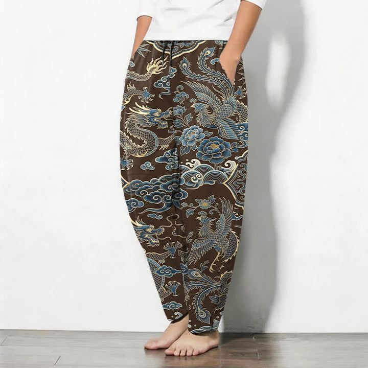 Buddha Stones Pantalones de hombre de algodón puro con estampado de nube y dragón azul, cordón ajustable y corte cónico, con bolsillos. - image 8