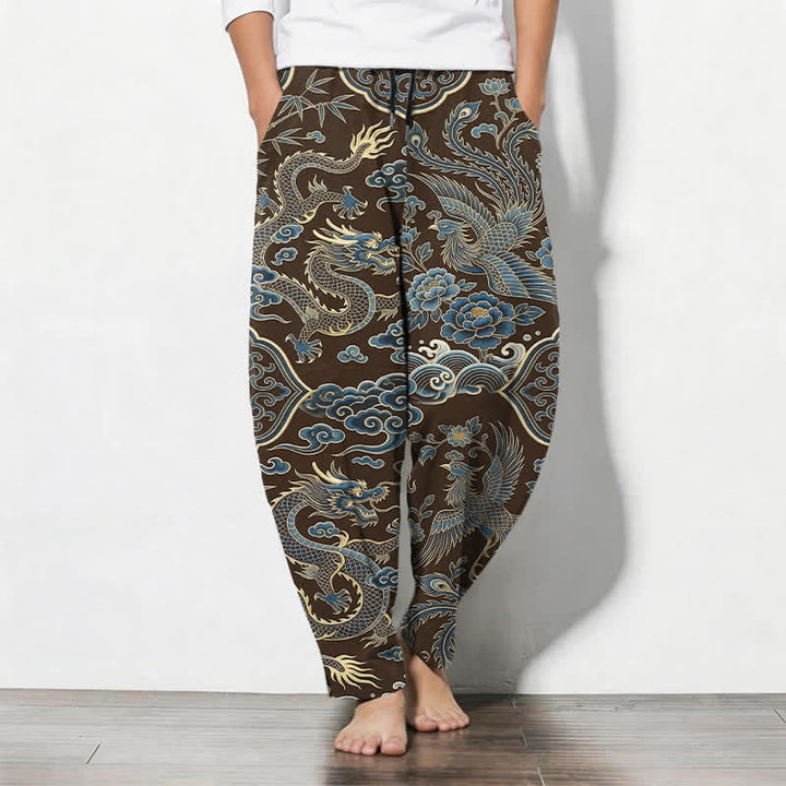 Buddha Stones Pantalones de hombre de algodón puro con estampado de nube y dragón azul, cordón ajustable y corte cónico, con bolsillos. - Marrón silla de montar - US/UK/AU50, EU60 (5XL) - image 7