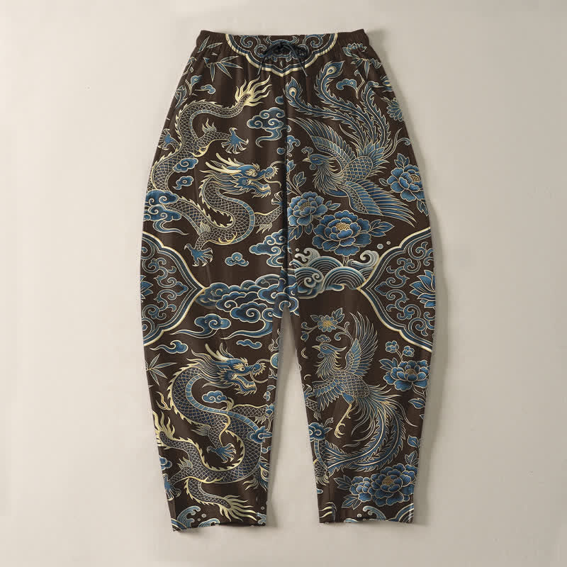 Buddha Stones Pantalones de hombre de algodón puro con estampado de nube y dragón azul, cordón ajustable y corte cónico, con bolsillos. - image 9