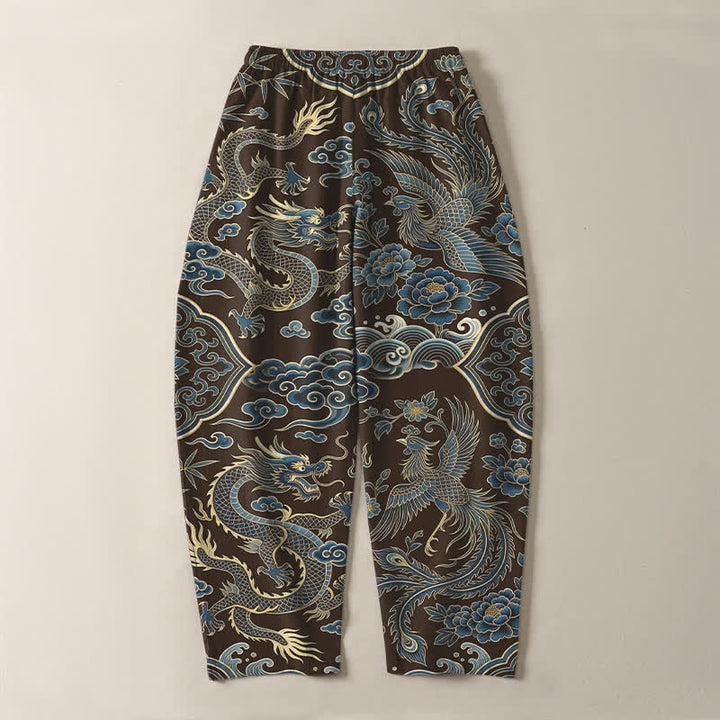 Buddha Stones Pantalones de hombre de algodón puro con estampado de nube y dragón azul, cordón ajustable y corte cónico, con bolsillos. - image 10