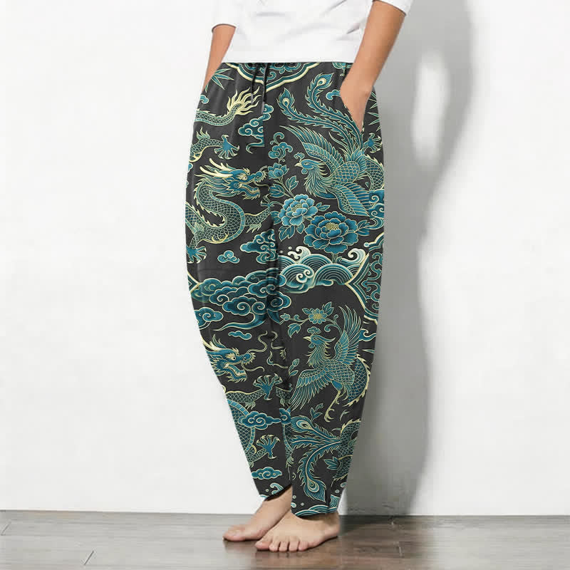 Buddha Stones Pantalones de hombre de algodón puro con estampado de nube y dragón azul, cordón ajustable y corte cónico, con bolsillos. - image 12