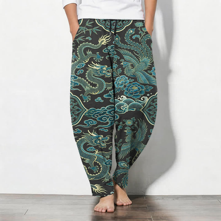 Buddha Stones Pantalones de hombre de algodón puro con estampado de nube y dragón azul, cordón ajustable y corte cónico, con bolsillos. - Verdemar - US/UK/AU50, EU60 (5XL) - image 11