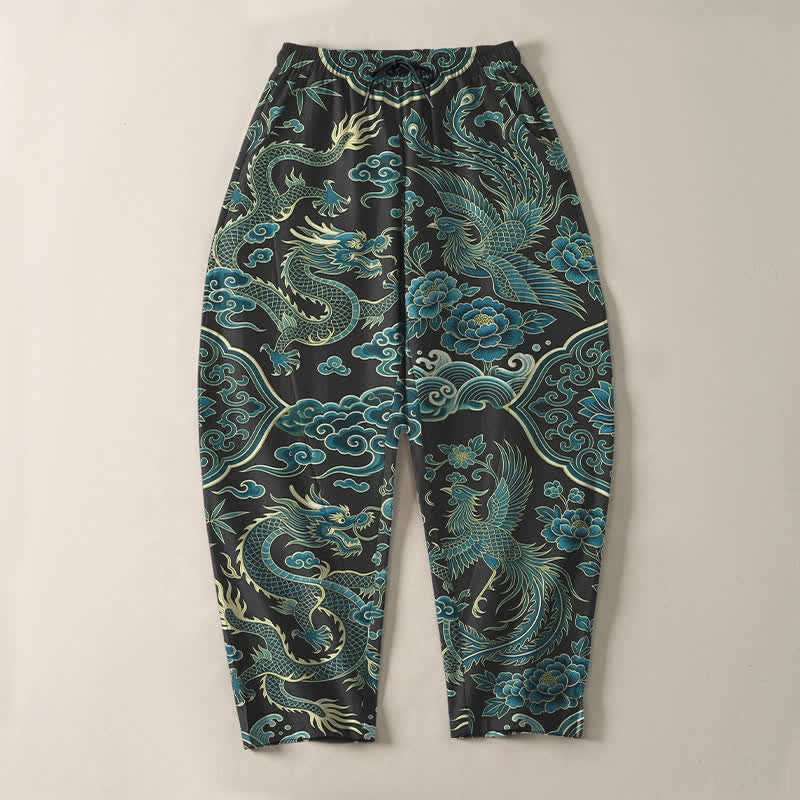 Buddha Stones Pantalones de hombre de algodón puro con estampado de nube y dragón azul, cordón ajustable y corte cónico, con bolsillos. - image 13