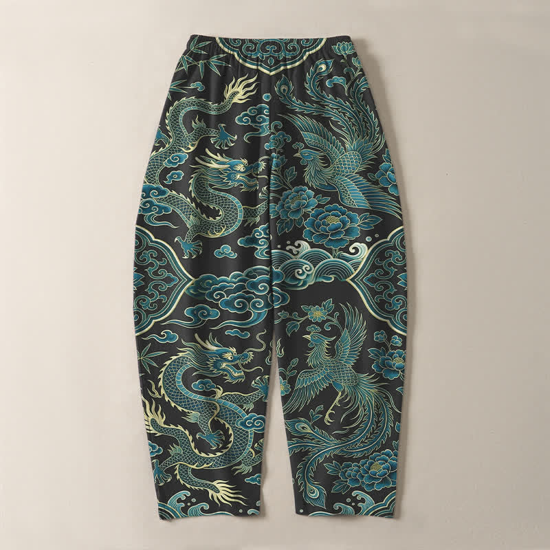 Buddha Stones Pantalones de hombre de algodón puro con estampado de nube y dragón azul, cordón ajustable y corte cónico, con bolsillos. - image 14