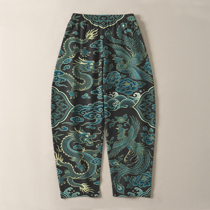 Buddha Stones Pantalones de hombre de algodón puro con estampado de nube y dragón azul, cordón ajustable y corte cónico, con bolsillos. - image 14