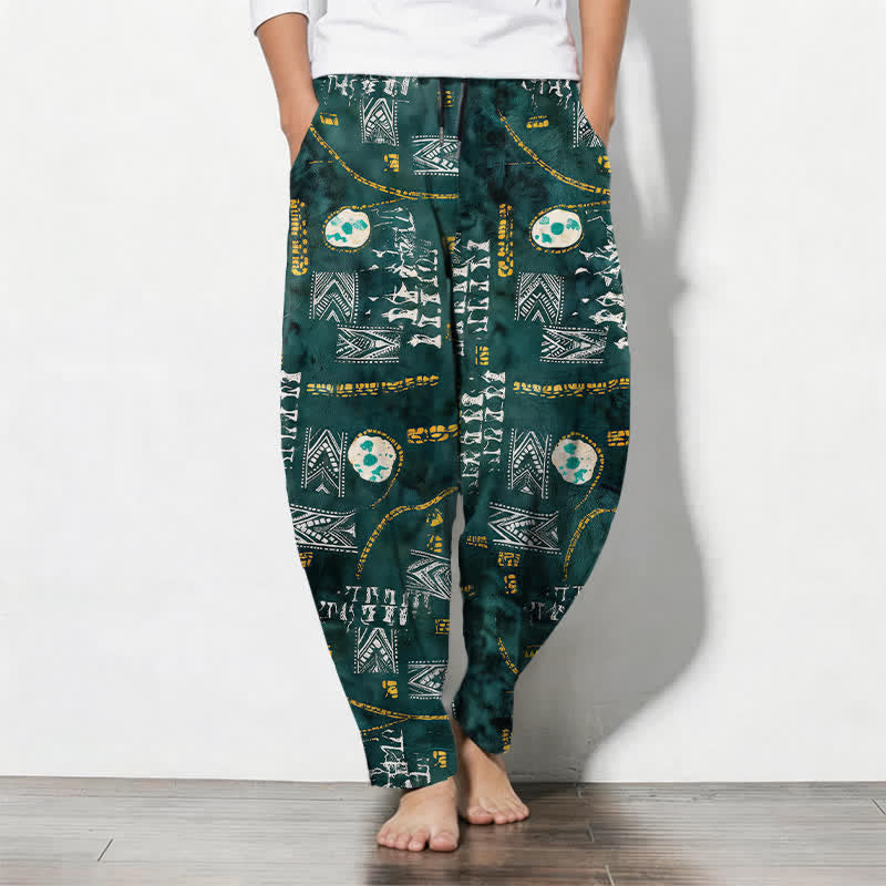 Buddha Stones Pantalones de hombre de algodón puro con estampado geométrico de medallón estilo boho, cordón ajustable y corte cónico con bolsillos. - Verdemar - US/UK/AU50, EU60 (5XL) - image 0
