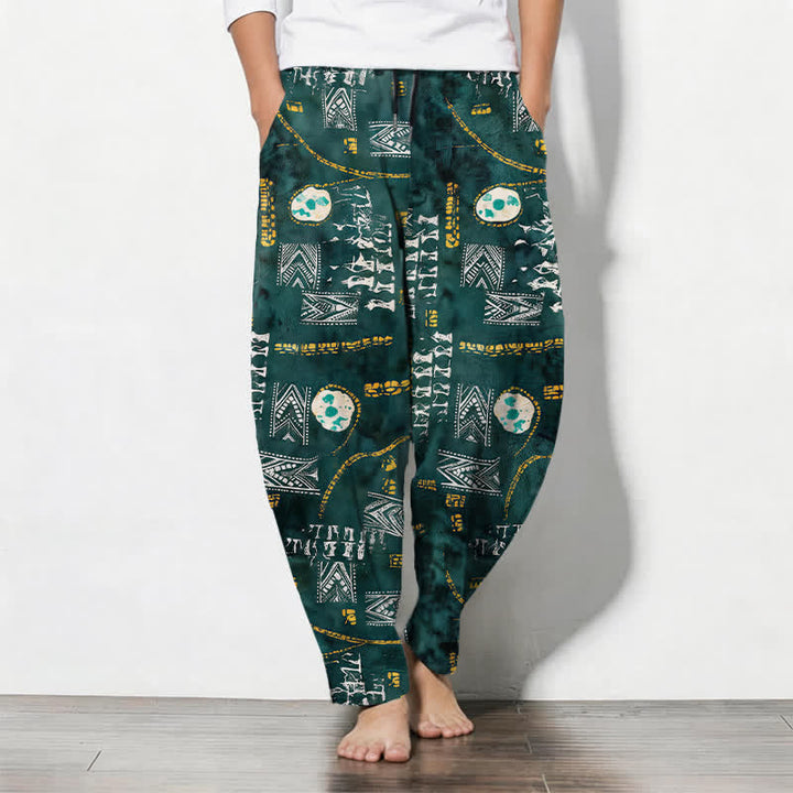 Buddha Stones Pantalones de hombre de algodón puro con estampado geométrico de medallón estilo boho, cordón ajustable y corte cónico con bolsillos. - Verdemar - US/UK/AU50, EU60 (5XL) - image 0