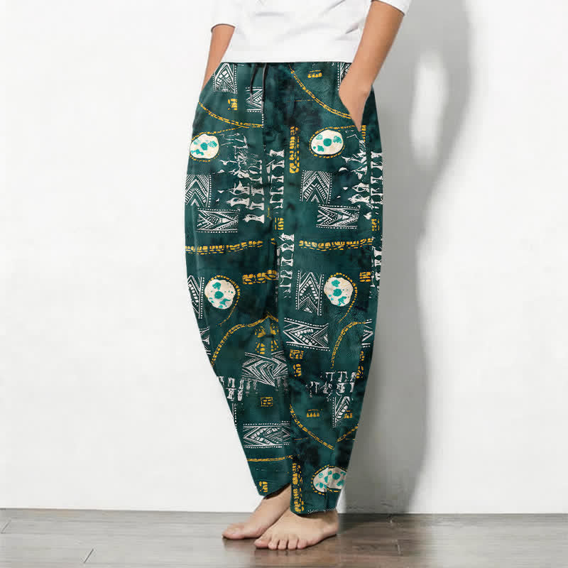 Buddha Stones Pantalones de hombre de algodón puro con estampado geométrico de medallón estilo boho, cordón ajustable y corte cónico con bolsillos. - image 1