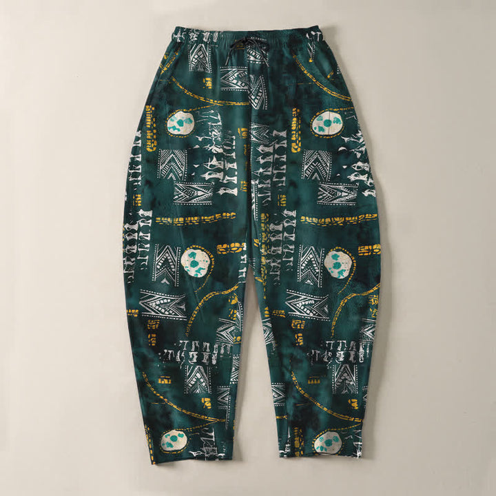 Buddha Stones Pantalones de hombre de algodón puro con estampado geométrico de medallón estilo boho, cordón ajustable y corte cónico con bolsillos. - image 2