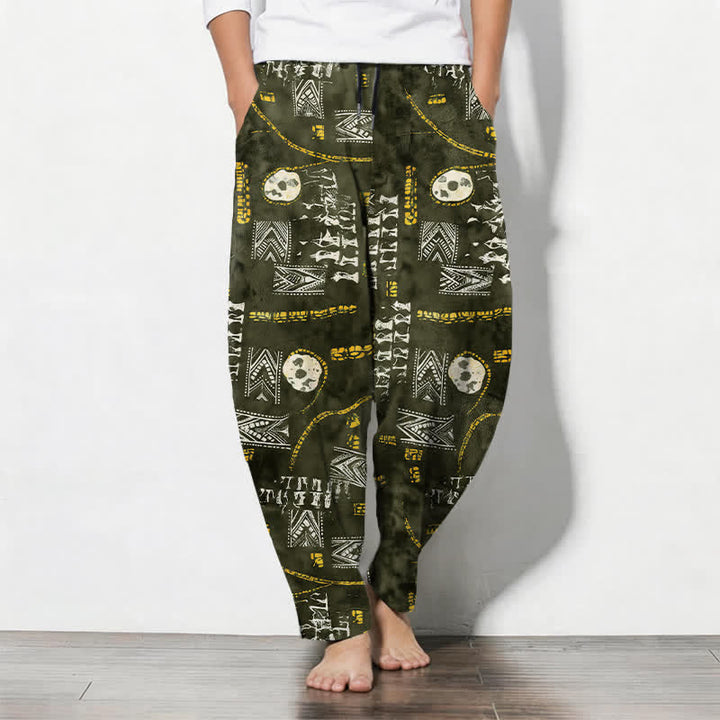 Buddha Stones Pantalones de hombre de algodón puro con estampado geométrico de medallón estilo boho, cordón ajustable y corte cónico con bolsillos. - Verde oliva oscuro - US/UK/AU50, EU60 (5XL) - image 7