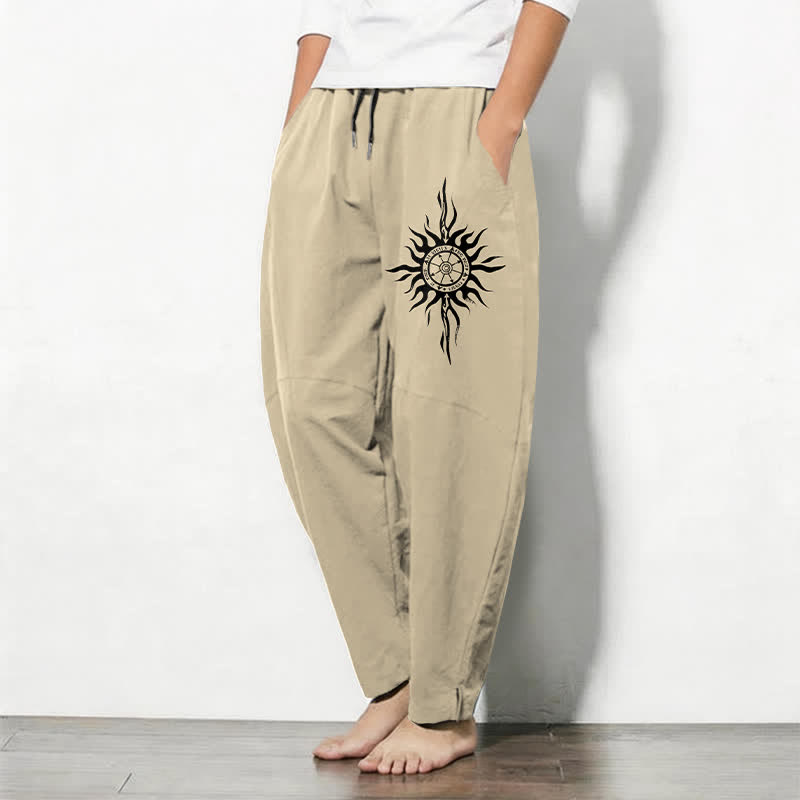 Buddha Stones Pantalones de hombre de algodón puro con estampado tribal de sol, cordón ajustable y corte cónico, con bolsillos. - image 1