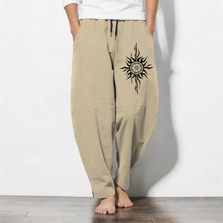 Buddha Stones Pantalones de hombre de algodón puro con estampado tribal de sol, cordón ajustable y corte cónico, con bolsillos. - vara de oro pálida - US/UK/AU50, EU60 (5XL) - image 0