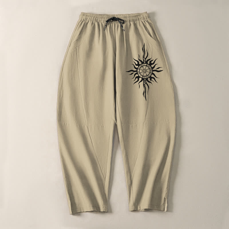 Buddha Stones Pantalones de hombre de algodón puro con estampado tribal de sol, cordón ajustable y corte cónico, con bolsillos. - image 2