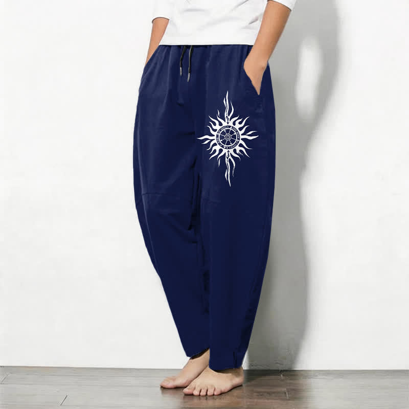 Buddha Stones Pantalones de hombre de algodón puro con estampado tribal de sol, cordón ajustable y corte cónico, con bolsillos. - image 8