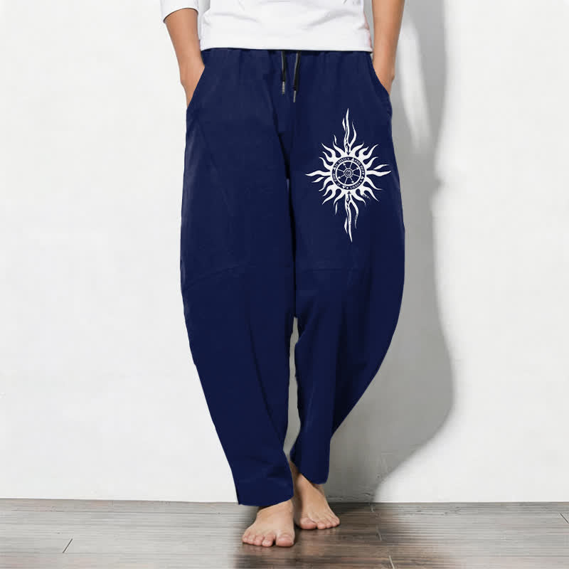 Buddha Stones Pantalones de hombre de algodón puro con estampado tribal de sol, cordón ajustable y corte cónico, con bolsillos. - Marina de guerra - US/UK/AU50, EU60 (5XL) - image 7