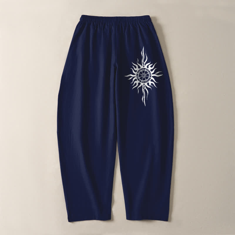 Buddha Stones Pantalones de hombre de algodón puro con estampado tribal de sol, cordón ajustable y corte cónico, con bolsillos. - image 10