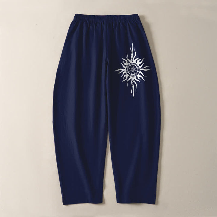 Buddha Stones Pantalones de hombre de algodón puro con estampado tribal de sol, cordón ajustable y corte cónico, con bolsillos. - image 10