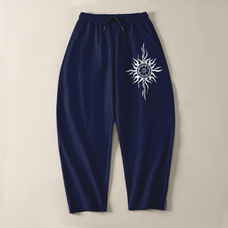 Buddha Stones Pantalones de hombre de algodón puro con estampado tribal de sol, cordón ajustable y corte cónico, con bolsillos. - image 9