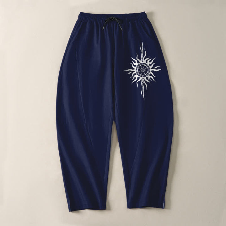 Buddha Stones Pantalones de hombre de algodón puro con estampado tribal de sol, cordón ajustable y corte cónico, con bolsillos. - image 9