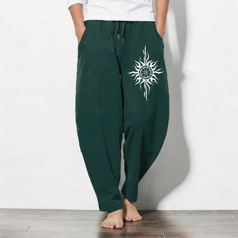 Buddha Stones Pantalones de hombre de algodón puro con estampado tribal de sol, cordón ajustable y corte cónico, con bolsillos. - Verde oscuro - US/UK/AU50, EU60 (5XL) - image 11
