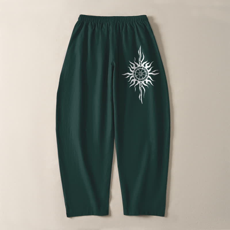 Buddha Stones Pantalones de hombre de algodón puro con estampado tribal de sol, cordón ajustable y corte cónico, con bolsillos. - image 14