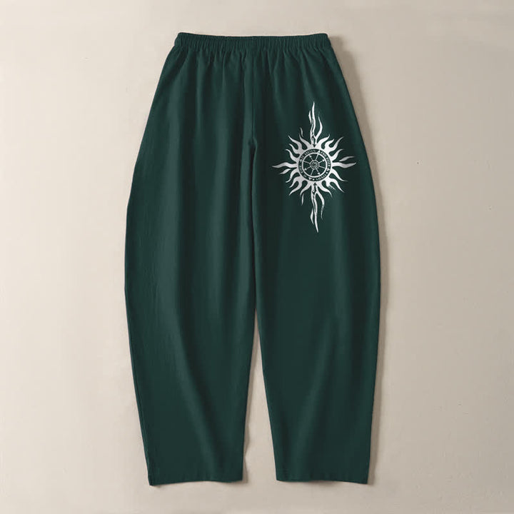 Buddha Stones Pantalones de hombre de algodón puro con estampado tribal de sol, cordón ajustable y corte cónico, con bolsillos. - image 14