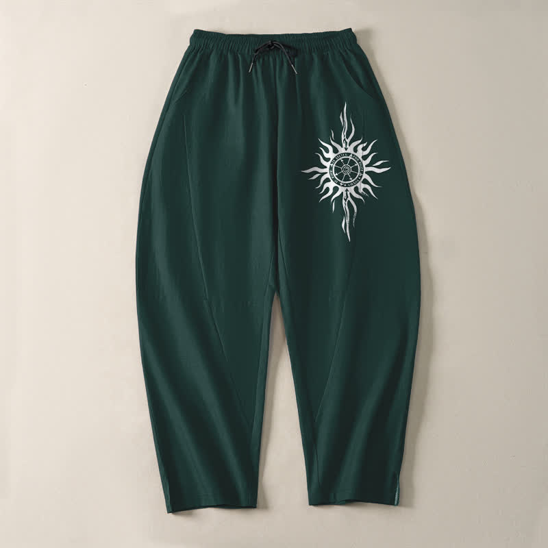 Buddha Stones Pantalones de hombre de algodón puro con estampado tribal de sol, cordón ajustable y corte cónico, con bolsillos. - image 13