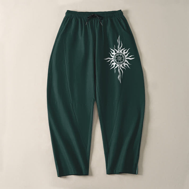 Buddha Stones Pantalones de hombre de algodón puro con estampado tribal de sol, cordón ajustable y corte cónico, con bolsillos. - image 13